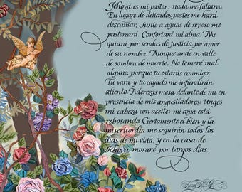 Psalm 23 handwritten in Spanish, Christian art,  Faith gift, The Lord is My Shepherd, Scripture Wall art, Spanish Bible Verse of Protection