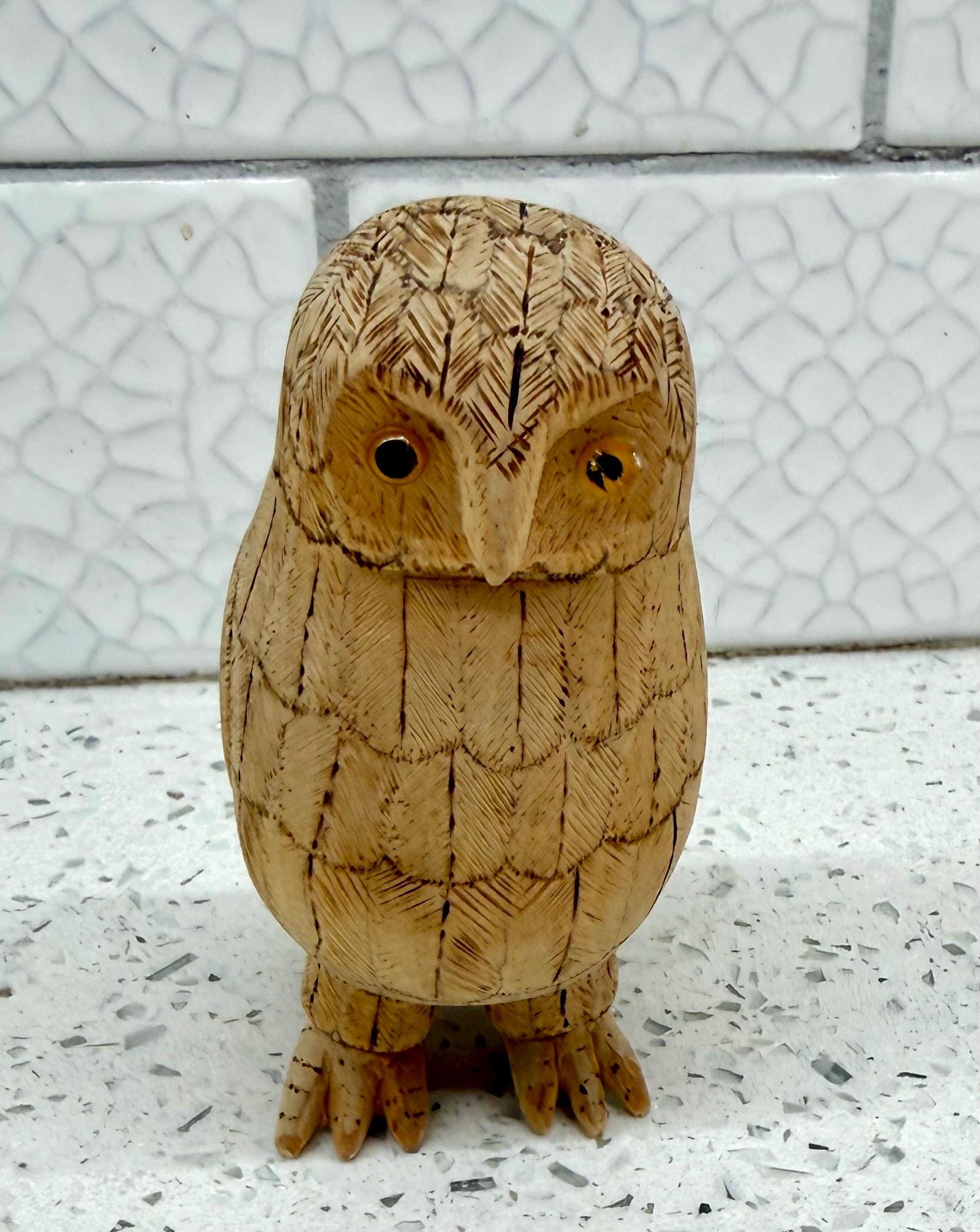 Vintage Folk Art Hand-Carved Wooden Owl Sculpture