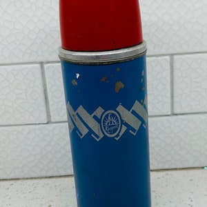 Vintage Thermos  w/ lid and cup -Vintage Keapsit Thermos Bottle No. 22-F Pint Size Red Blue Travel