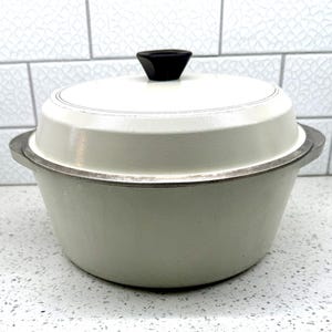 May include: A round, off-white Dutch oven with a matching lid featuring a black knob. The pot has a metallic silver rim and integrated side handles. The exterior surface is smooth and solid in color, with a simple circular line detail on the lid.