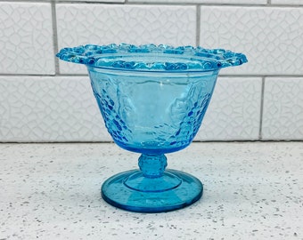 Vintage Capri Blue Glass Harvest Grape Pattern Glass Compote by Indiana Glass Co.