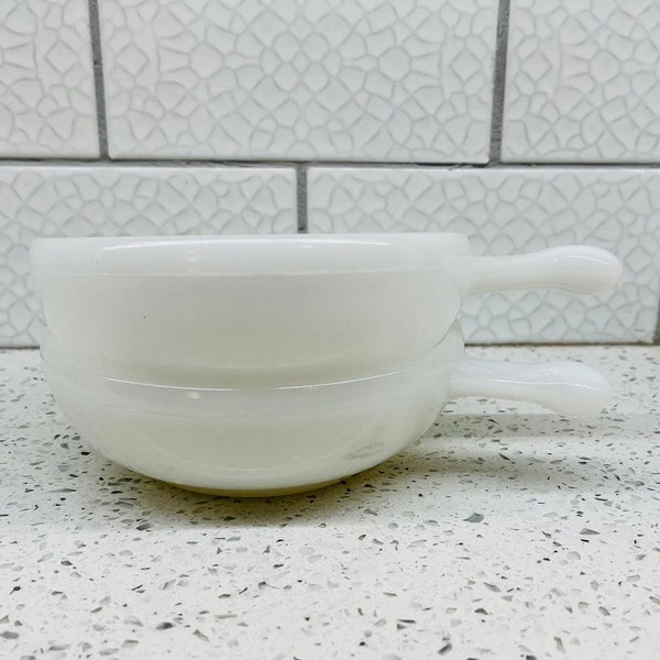 Vintage - Glasbake Milk Glass -Ovenware Handled Soup Bowls