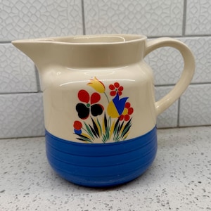 Lovely Universal Pottery &quot;Circus&quot; Pattern Milk Pitcher, Blue and White Milk Pitcher, 1940 Milk Pitcher, Farmhouse Pitcher. Made in the USA