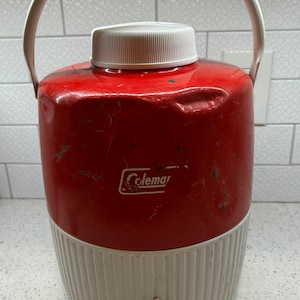 Vintage 1970s Coleman Metal Red and White 2 Gallon Thermos Cooler Water Jug