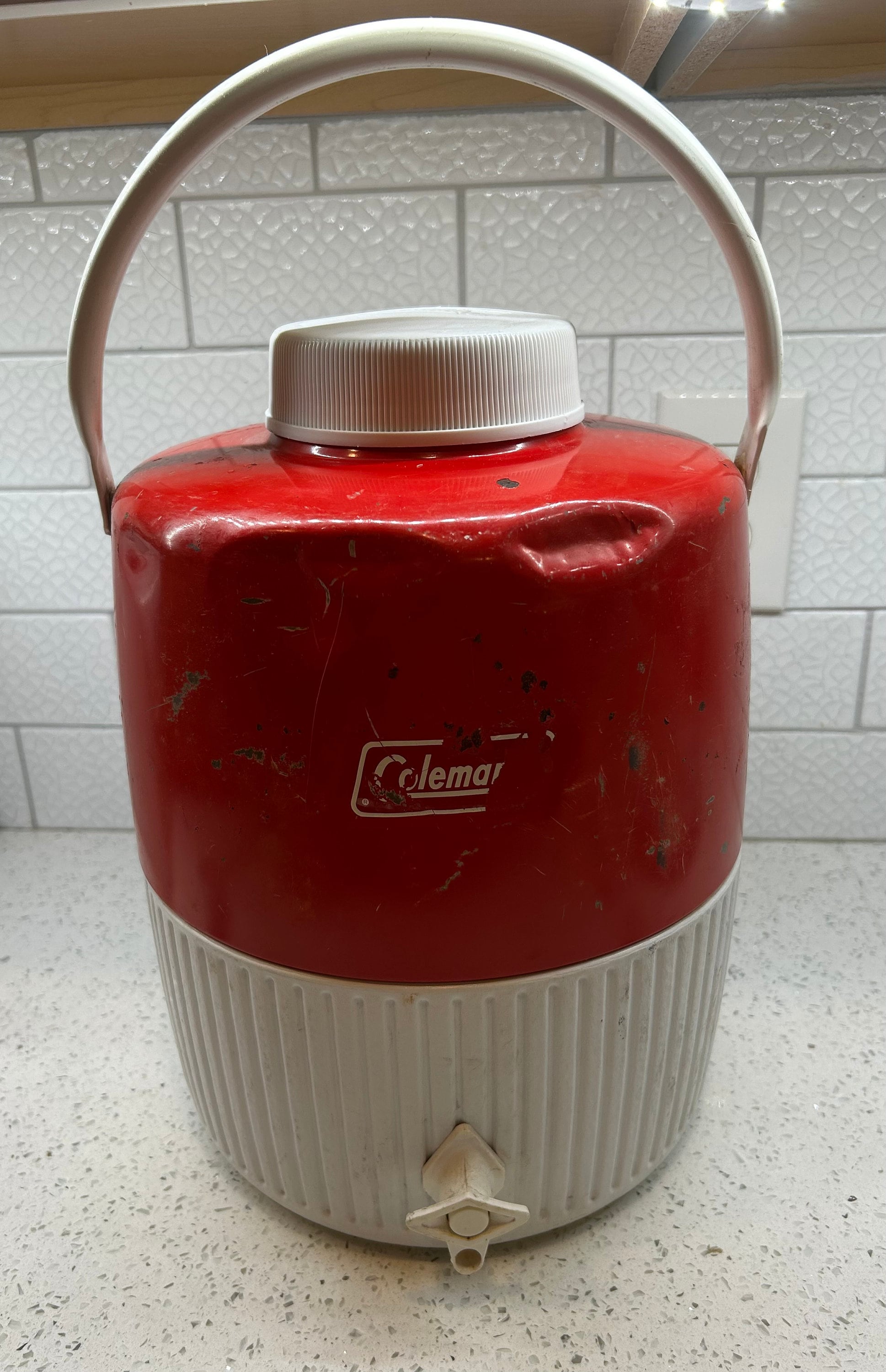 Vintage 1970s Coleman Metal Red and White 2 Gallon Thermos Cooler