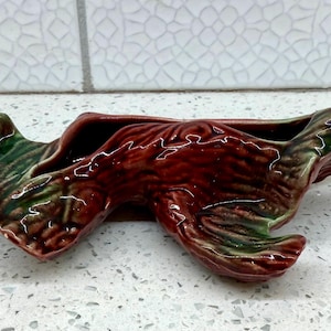 Vintage mcm arcadia ceramics log planter, drip glaze pottery dish