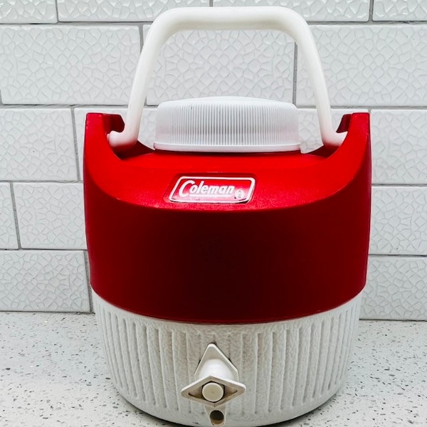 Vintage 1970s Red and White Coleman 1 Gallon Thermos Cooler - Water Jug
