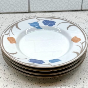 May include: A stack of four white ceramic plates with a floral design. Each plate features a brown rim and a pattern of blue and orange stylized flowers. The plates are stacked on a white countertop.