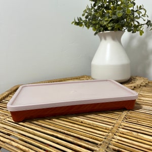 May include: A rectangular food storage container with a light pink lid and a reddish-brown base. The container is on a woven surface, with a white vase and greenery in the background.