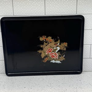Vintage Lacquer Melamine  Serving Tray With Hand Painted Peacock MCM  Tray Made In Japan