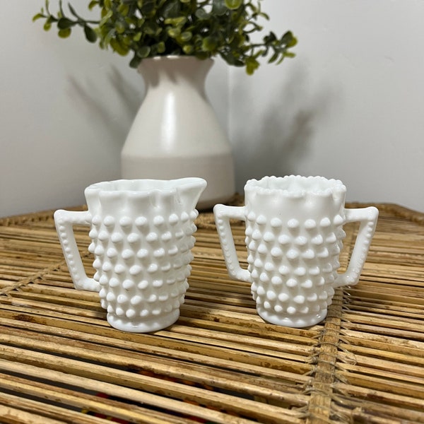 Vintage Small Milk Glass Hobnail Cream & Sugar Set