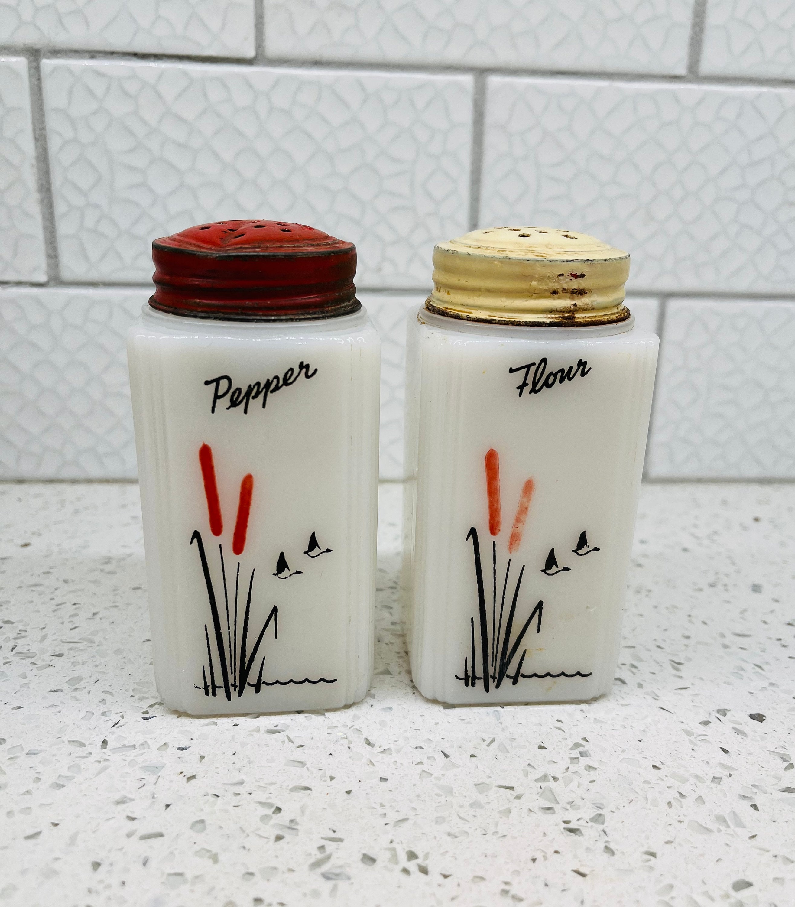 Mckee watering Can Lady Milk Glass Salt Pepper Flour Sugar Paprika Cinnamon  Small Shakers With Original Lids Set of 6 1940 Vintage 