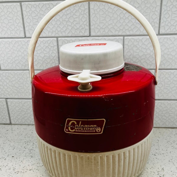 Vintage 1970s Coleman Red and White 1 Gallon Thermos Cooler Water Jug