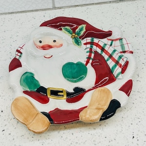 Lovely Retired Vintage Fitz & Floyd  &quot;Plaid Christmas&quot; Santa canape plate - collectible MINT original box. Vintage Christmas