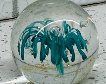 Vintage Handblown Art Glass Clear Bubble Pattern with Turquoise "Spider" Design.