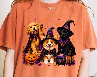 Spooky Witch Puppies Halloween T-Shirt, Golden Retriever Corgi Black Lab Tee