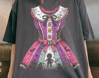 Pastel Goth Doll Dress Graphic Tee, Vintage Spooky Halloween Shirt