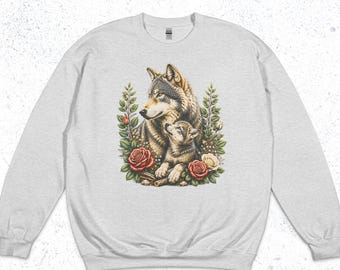 Vintage Wolf Pup Crewneck, Botanical Rose Floral Sweater, Cottagecore Wildlife Pullover