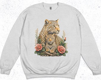 Leopard Cub Roses Sweatshirt, Vintage Botanical Wildlife Crewneck, Cottagecore Pullover