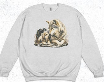 Vintage Wolf Pup Mother Crewneck, Forest Wilderness Nature Sweater