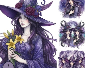 Watercolor Witch Clipart | Purple Gothic PNG, Halloween Art (Digital Download)