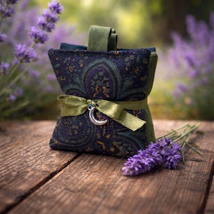 Puede incluir: Un pequeño saquito cuadrado con un estampado de cachemira en azul marino, verde y morado, atado con una cinta verde y un dije de media luna plateada. El saquito está sobre una superficie de madera con ramitas de lavanda.