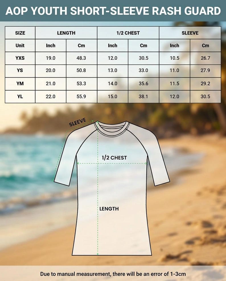 May include: A size chart for an AOP youth short-sleeve rash guard featuring a diagram of a shirt with labelled length, sleeve, and 1/2 chest measurements. The table provides specific dimensions in inches and centimetres for sizes YXS, YS, YM, and YL.