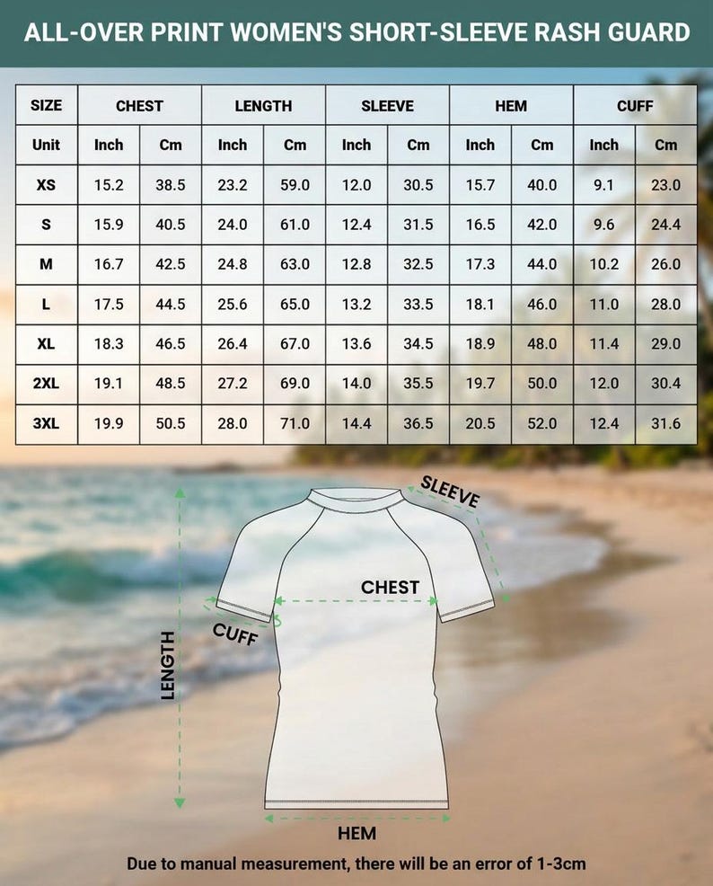 May include: A size chart for a short-sleeve rash guard, featuring a table with measurements in inches and centimetres for sizes XS through 3XL. Below the table is a line drawing of a shirt with arrows indicating chest, length, sleeve, and hem.