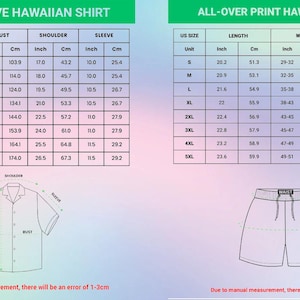 Puede incluir: Una tabla de tallas para una camisa hawaiana de manga corta y pantalones cortos hawaianos con estampado integral. La imagen muestra dos tablas con tallas estadounidenses de S a 5XL, listando medidas en pulgadas y cent&iacute;metros para largo, busto, hombro, manga, cintura y caderas.