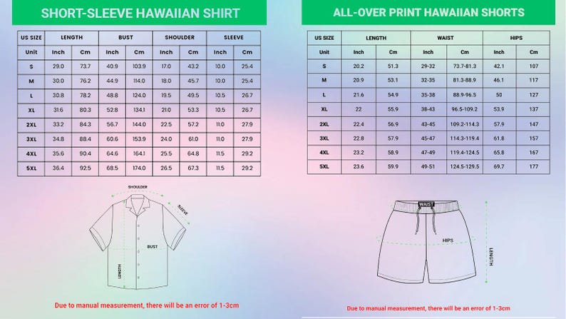 Puede incluir: Una tabla de tallas para una camisa hawaiana de manga corta y pantalones cortos hawaianos con estampado integral. La imagen muestra dos tablas con tallas estadounidenses de S a 5XL, listando medidas en pulgadas y cent&iacute;metros para largo, busto, hombro, manga, cintura y caderas.