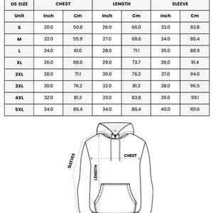 May include: A size chart for an all over print hoodie featuring a table with US sizes from S to 5XL, listing chest, length, and sleeve measurements in inches and centimeters, accompanied by a line drawing of a hoodie with labeled dimensions.