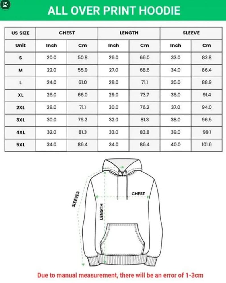 May include: A size chart for an all over print hoodie featuring a table with US sizes from S to 5XL, listing chest, length, and sleeve measurements in inches and centimeters, accompanied by a line drawing of a hoodie with labeled dimensions.
