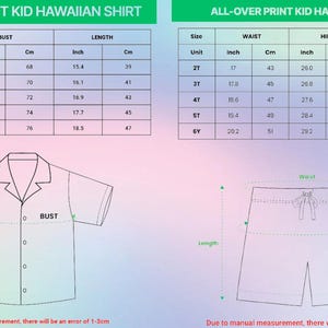 Puede incluir: Una tabla de tallas para un conjunto de camisa y pantal&oacute;n corto hawaiano para ni&ntilde;os. La imagen incluye dos tablas con columnas para talla, busto, largo, cintura y cadera en pulgadas y cm. Dibujos lineales muestran los puntos de medici&oacute;n.