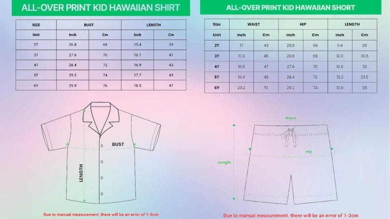 Puede incluir: Una tabla de tallas para un conjunto de camisa y pantal&oacute;n corto hawaiano para ni&ntilde;os. La imagen incluye dos tablas con columnas para talla, busto, largo, cintura y cadera en pulgadas y cm. Dibujos lineales muestran los puntos de medici&oacute;n.