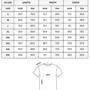 May include: A size chart for an all over print t-shirt with a table listing US sizes from S to 5XL, including length, width, and sleeve measurements in inches and centimeters, accompanied by a line drawing of a t-shirt showing measurement points.