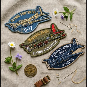 May include: Three embroidered patches featuring B-17 Flying Fortress aircraft. One patch is blue with yellow text, one is olive green with white text reading Memphis Belle, and one is dark blue with white text reading Heaven's Above 92nd B.G. 42-31515.