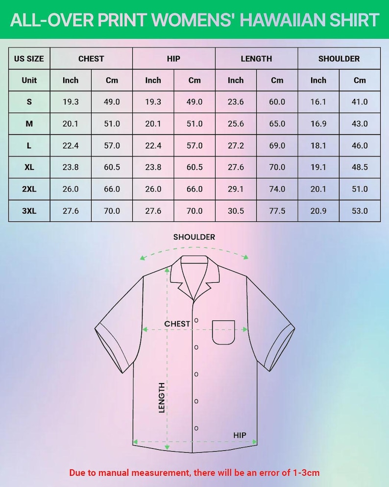 Puede incluir: Una tabla de tallas para una camisa hawaiana con estampado integral, que incluye tallas de EE. UU. de S a 3XL con medidas de pecho, cadera, largo y hombros en pulgadas y cm, junto a un dibujo lineal de una camisa de manga corta con botones.