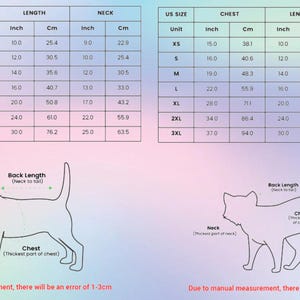 Puede incluir: Una tabla de tallas para ropa de mascotas con dos cuadros para tallas estadounidenses de XS a 3XL, incluyendo medidas de pecho, largo y cuello en pulgadas y cent&iacute;metros. Debajo hay dibujos lineales de un perro y un gato con gu&iacute;as.
