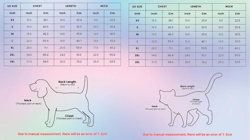 Puede incluir: Una tabla de tallas para ropa de mascotas con dos cuadros para tallas estadounidenses de XS a 3XL, incluyendo medidas de pecho, largo y cuello en pulgadas y cent&iacute;metros. Debajo hay dibujos lineales de un perro y un gato con gu&iacute;as.