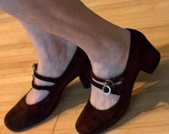 Size 6 Mary Jane Brown Suede VTG 1960’s Shoes Double Buckle Made in Italy