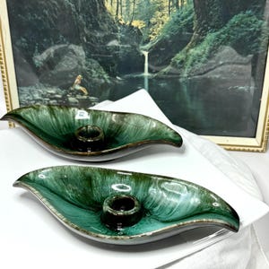 Blue Mountain Pottery Drip Glazed Leaf Candle Holders | MCM Canadian Red Clay Set