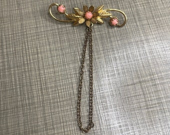 Floral Brooch with Chain Gold + Pink Glass Cabochons