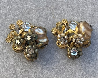 Original By Robert Pearl Rhinestone Cluster Vintage Signed Earrings