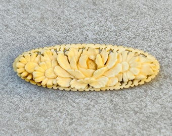Vintage Celluloid Carved Floral Brooch Antique Pin