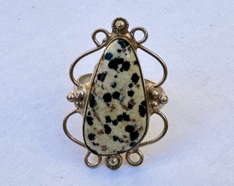 Sterling Silver Dalmatian Jasper Teardrop Ring Size 8 1/2