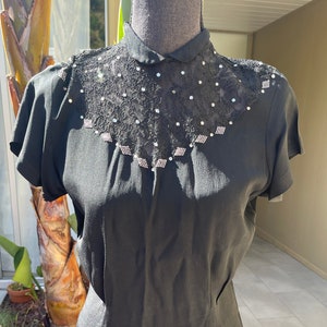 50s Dorothy Korby Embellished Blouse Black Lace Top