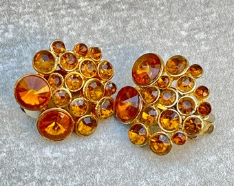 Orange Rhinestone Vintage Clip On Earrings