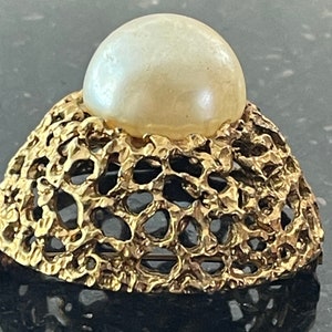 Brutalist Gold Open Work Massive Pearl Vintage Dome Brooch