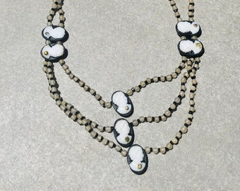 Black/White Carved Cameo Multi Strand Vintage Beaded Necklace