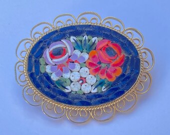 Broche Vintage Italienne En Micro Mosaïque De Verre - Ovale, Fleur Rose, Épingle Dorée